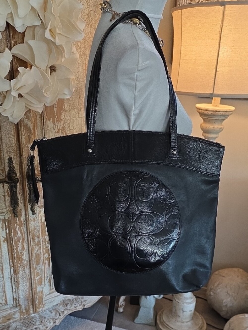 Black Women's Tote Bag with Embossed Circle Detail